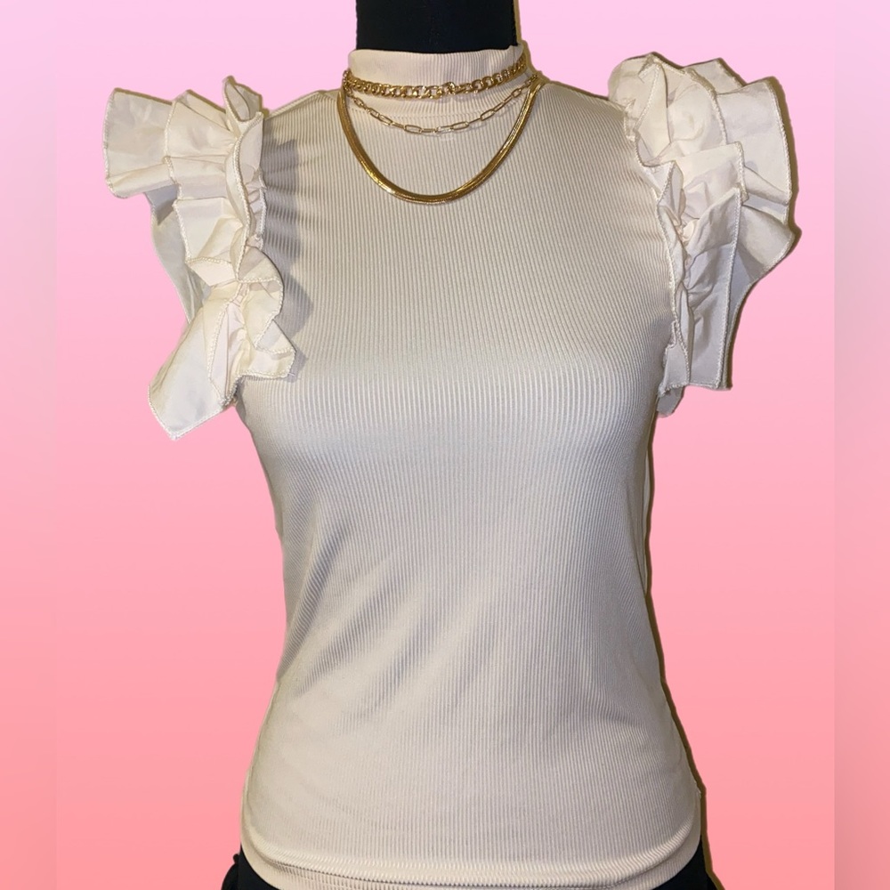 SHEIN cream neck ruffle trim tee 🤍